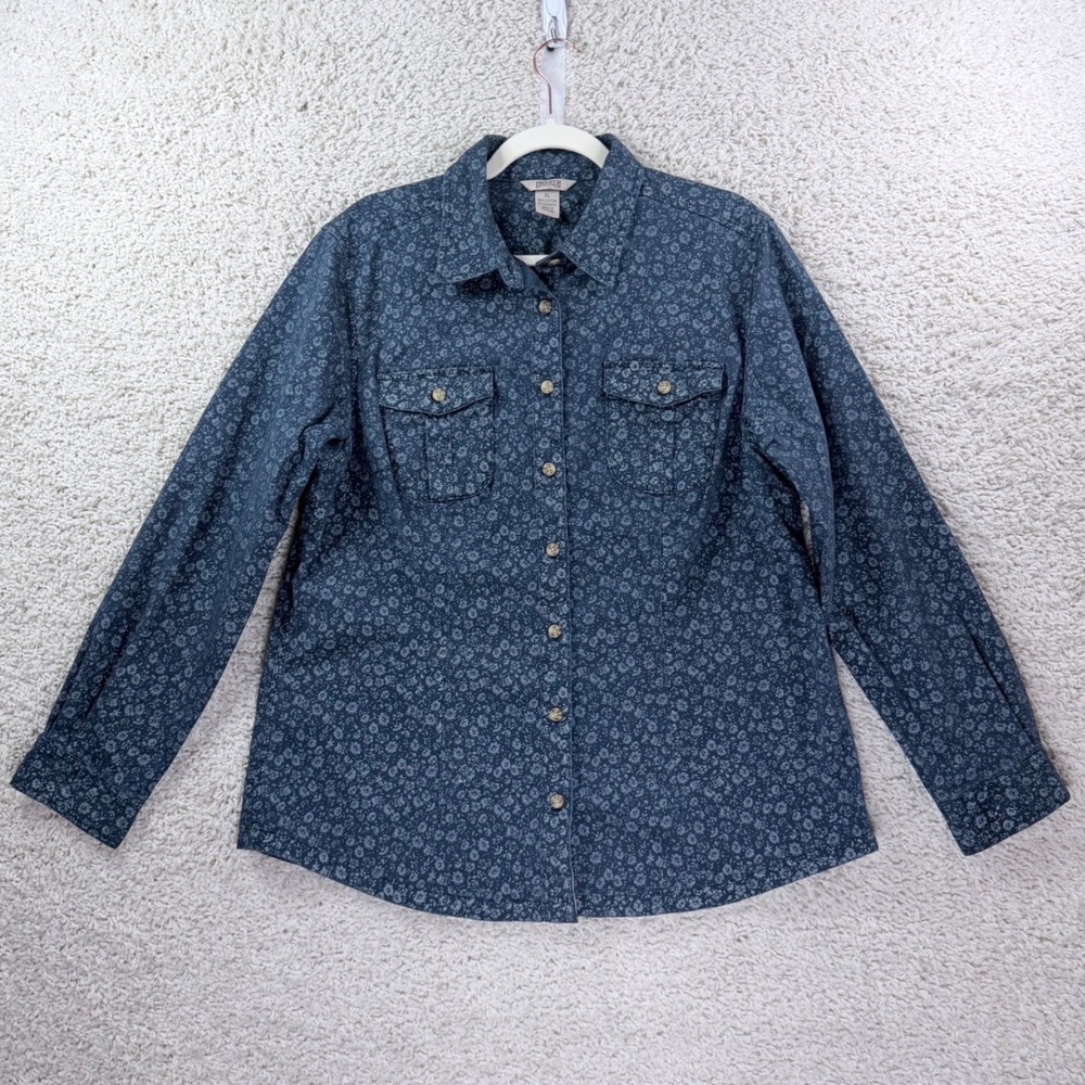 Duluth Trading Co Button Up Women XL Blue Floral Thick Stretch Long Sleeve Shirt